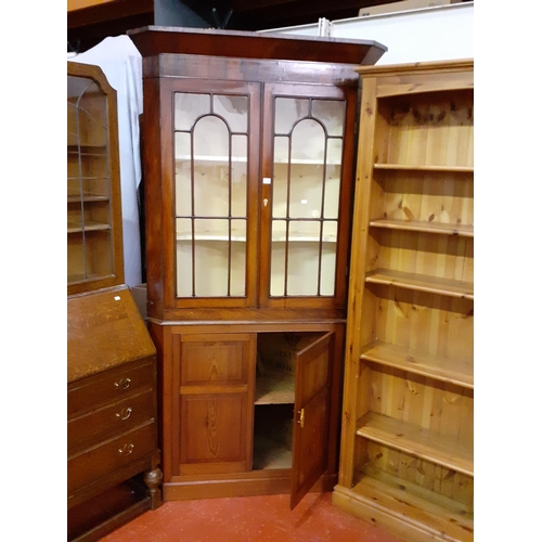 505 - Glazed Top Oak Corner Cabinet with Double Glazed Door Top over Double Cupboard.