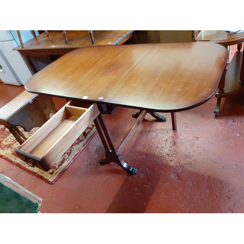 518 - Mahogany Drop Leaf Table on Claw Feet with Single, Twin Compartment, Through Drawer.