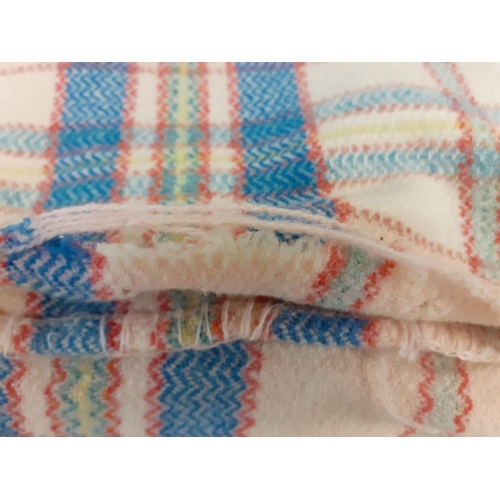 53 - Cream, Blue & Pink Chequered Blanket - has holes.