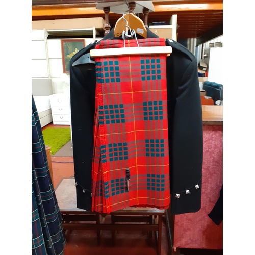 561 - Black Scottish Argyll Jacket with Leather Belt with Red Tartan Kilt (26