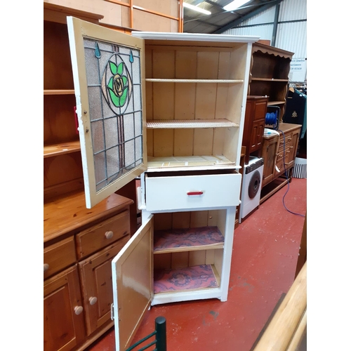 570 - Painted 1960's/70's Kitchen Larder Cupboard with Stained Glass Top and Solid Bottom Cupboards Separa... 