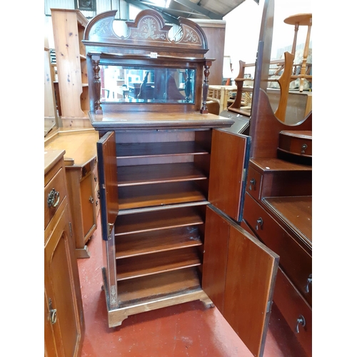 573 - Mirrored & Inlaid Oak Vanity Unit with Double Cupboard over Single Cupboard & Mirror Back Top - 61