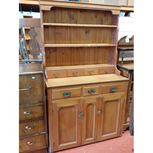 574 - Large Solid Pine Closed Back Dresser, Three Drawer Two Door Base with 4 Drawer and 3 Shelf Top.