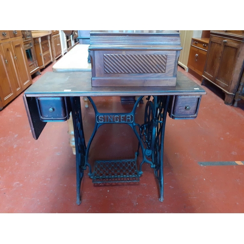 577 - Singer Sewing Machine, Two Drawer, Pedal Table with Singer Machine and Oak Case.