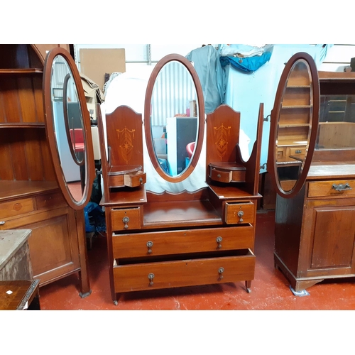 580 - Inlaid Mahogany Multi Drawer Dressing Table with Oval Central Mirror and Two Hinged Fold Out Oval Mi... 