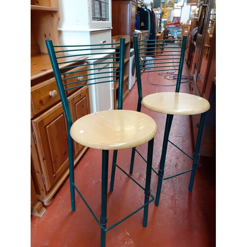 585 - Pair of Green Breakfast Bar Stools with Beech Seats.