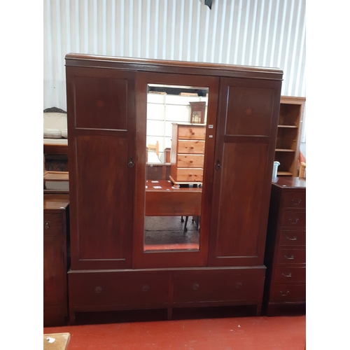 586 - Inlaid Mahogany Triple Wardrobe with Mirrored Central Panel over Two Drawers - approx 195cm high x 1... 