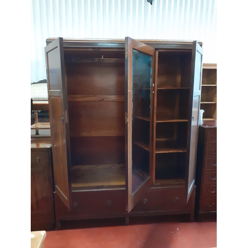 586 - Inlaid Mahogany Triple Wardrobe with Mirrored Central Panel over Two Drawers - approx 195cm high x 1... 