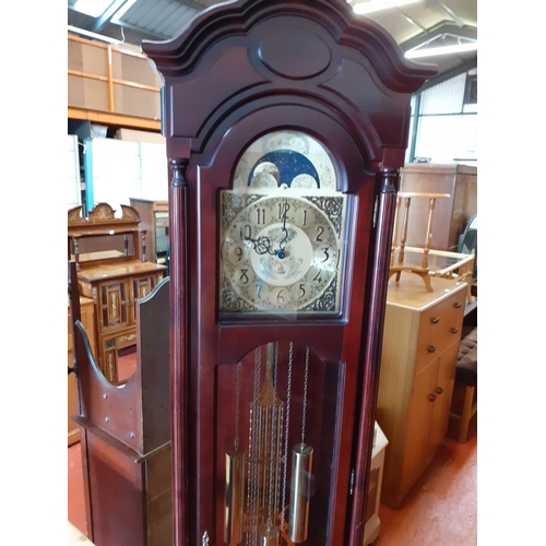 618 - Modern Mahogany Cased Long Case Clock with Brass Face & Pendulum.