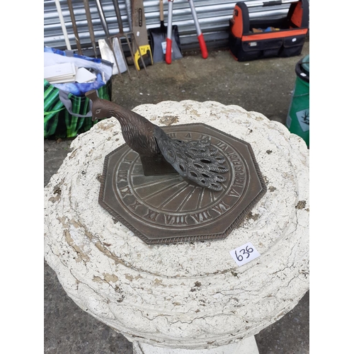 636 - Concrete Garden Sundial with Peacock Dial Top - 26