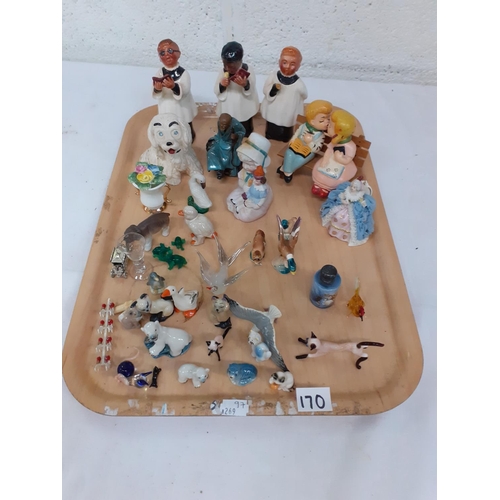 170 - Tray of Assorted Figures to Include Dresden Figure A/F, Wade Whimseys, Boy & Girl on Bench Salt & Pe... 