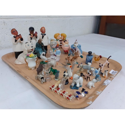 170 - Tray of Assorted Figures to Include Dresden Figure A/F, Wade Whimseys, Boy & Girl on Bench Salt & Pe... 