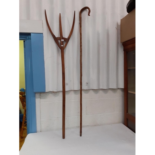 174 - Vintage Wooden Pitch Fork & Shepherds Crook.