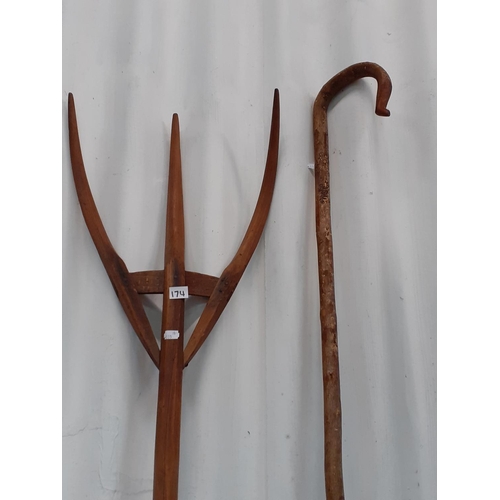 174 - Vintage Wooden Pitch Fork & Shepherds Crook.