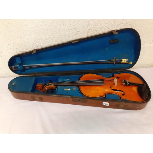 216 - Late 19th Century Watkin Thomas of Swansea Violin in Veneered Oak Case with Bow and Mother of Pearl ... 