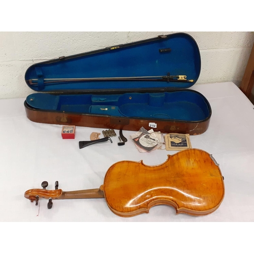 216 - Late 19th Century Watkin Thomas of Swansea Violin in Veneered Oak Case with Bow and Mother of Pearl ... 