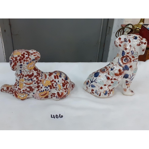 406 - Pair of Victorian Hand Decorated & Signed Japanese Imari Dogs.