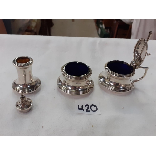 420 - Three Piece Silver Hallmarked Cruet Set with Blue Glass Inserts.