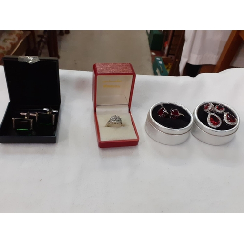 422 - Two Pairs of Boxed Earrings, Pair of Cufflinks & Fashion Ring Size L/M.