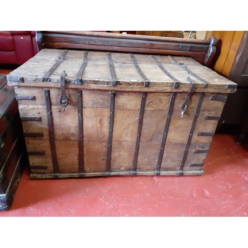 564 - Large Heavy Vintage Church Storage Chest with Candle Box Inside, Hinged Half Lid and Cast Iron Bandi... 