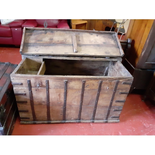 564 - Large Heavy Vintage Church Storage Chest with Candle Box Inside, Hinged Half Lid and Cast Iron Bandi... 