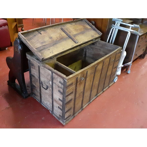 564 - Large Heavy Vintage Church Storage Chest with Candle Box Inside, Hinged Half Lid and Cast Iron Bandi... 