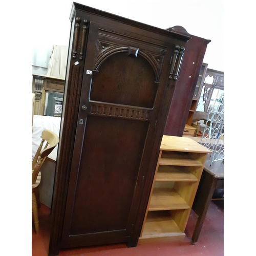 570 - Solid Dark Oak Single Door Wardrobe with Hanging Rail & Mirror.