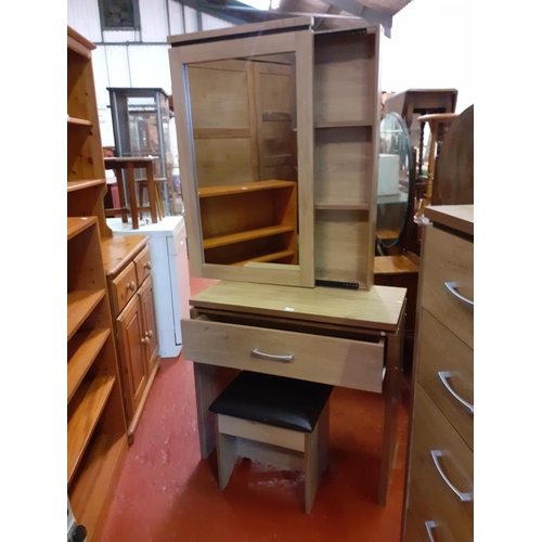 576 - Oak Effect Modern Dressing Table with Stool & Sliding Mirror to Top to Reveal Jewellery or Make-up A... 