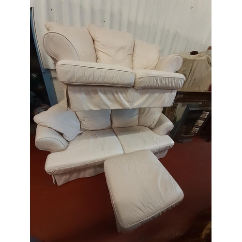 617 - Cream Leather Two Seater Settee, Matching Three Seater Settee & Square Hinge Top Storage Pouffe.