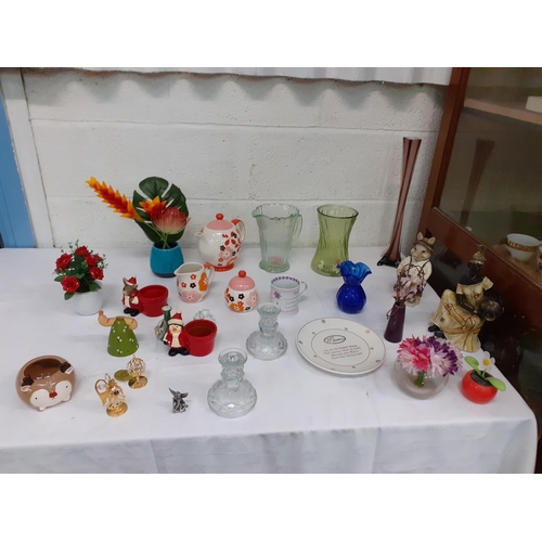 76 - Box of Assorted China, Artificial Flower Displays, Glass Candle Holders, Figures etc.