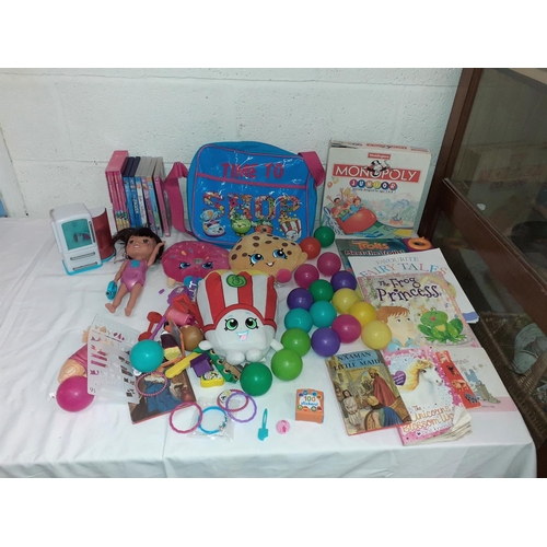 9 - Box of Toys to Include Junior Monopoly, Barbie DVD's, Books etc.