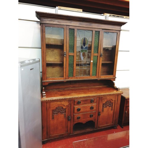 511 - Solid Oak Glazed Top Dog Kennel Dresser with Central Stained Glass Panel to Top with Two Glazed Door... 