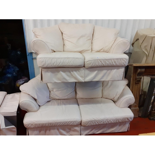 646 - Cream Leather Two Seater Settee, Matching Three Seater Settee & Square Hinge Top Storage Pouffe.