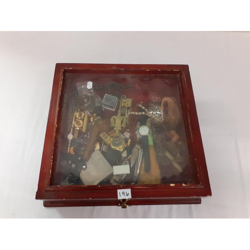 196 - Glass Top Box with Quantity of Costume Jewellery & Watches etc.