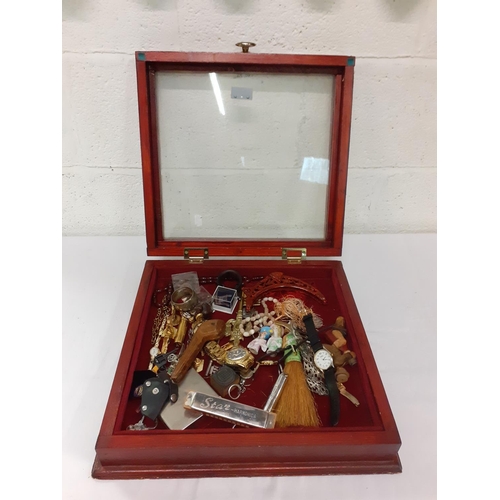 196 - Glass Top Box with Quantity of Costume Jewellery & Watches etc.