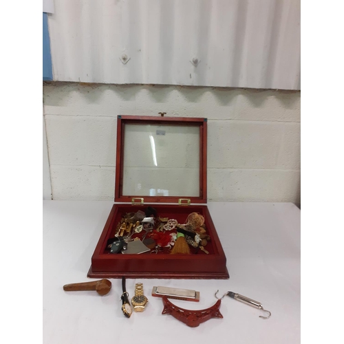 196 - Glass Top Box with Quantity of Costume Jewellery & Watches etc.