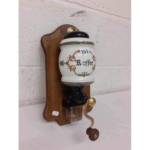 262 - Wall Mounted Coffee Grinder on Oak Plaque.