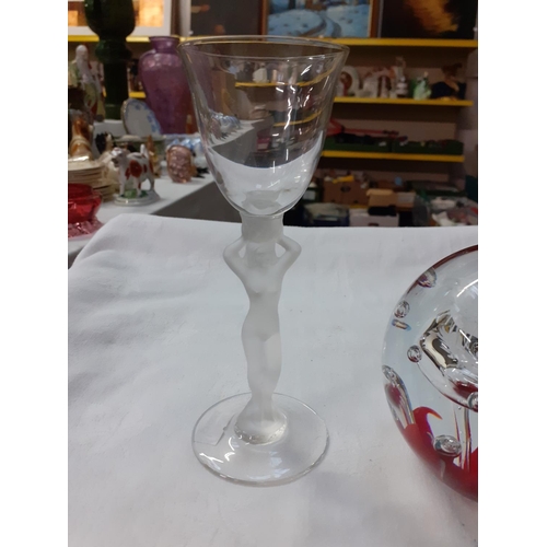 362 - Wine Glass with Nude Lady Frosted Glass Stem & Large Paperweight.