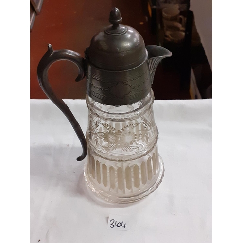 364 - Etched Glass Claret Jug with Pewter Top.