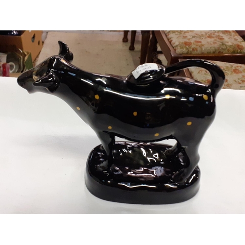 427 - Black Polka Dot Jackfield-Style Cow Creamer & Cover.