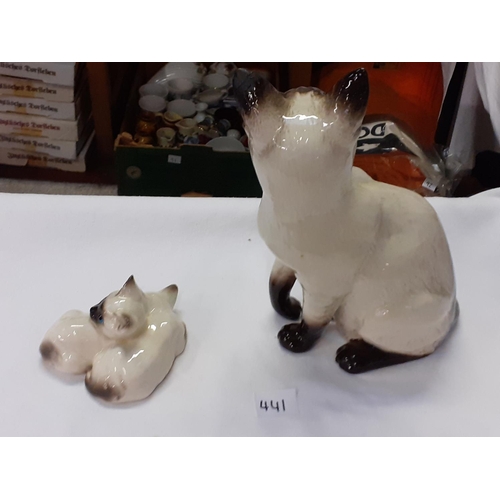 441 - Large Beswick Siamese Cat Model 1882 Height c.24cm (c.9.5”) & Beswick Pair of Siamese Kittens.