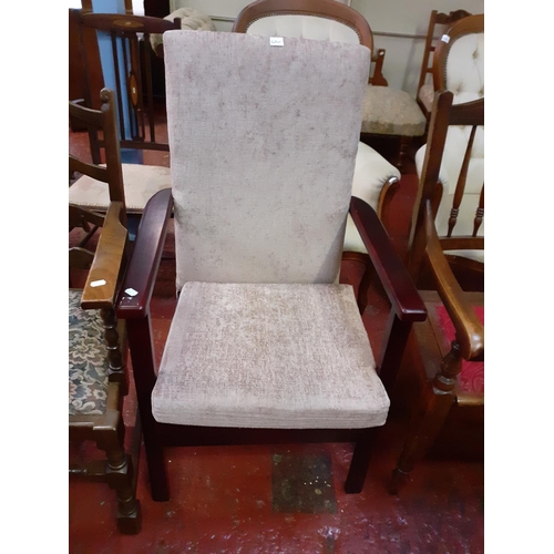 524E - High Seated, Straight Backed Upholstered Carver Chair.