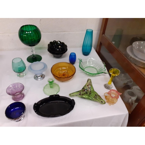 57 - Box of Coloured Glassware to Include Large Stemmed Glass Bowl, Bowls, Vase, Paperweight etc.