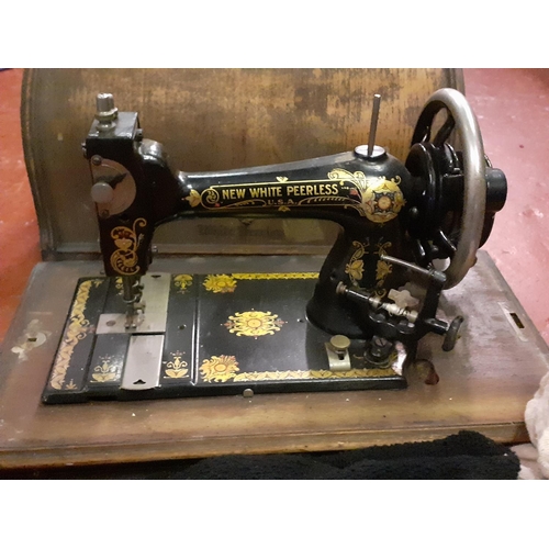 581 - New White Peerless USA Sewing Machine in Wooden Box.