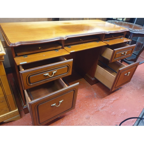 613 - Yew Office Desk with Four Drawers, Three Drop Front 