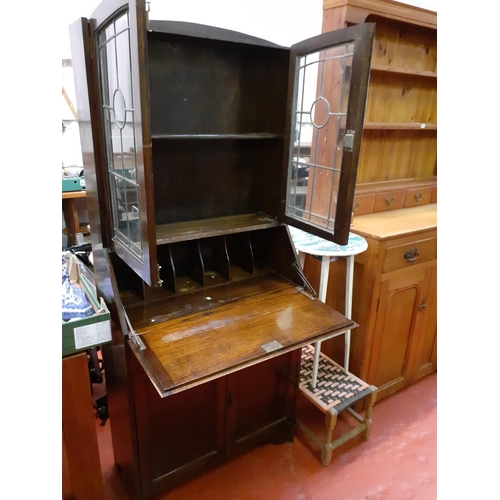 618 - Oak Glazed Top Bureau Bookcase with Drop Front Over Single Drawer and Double Cupboard.