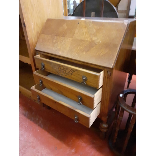 626 - Solid Oak Three Drawer Writing Bureau on Acorn Legs.