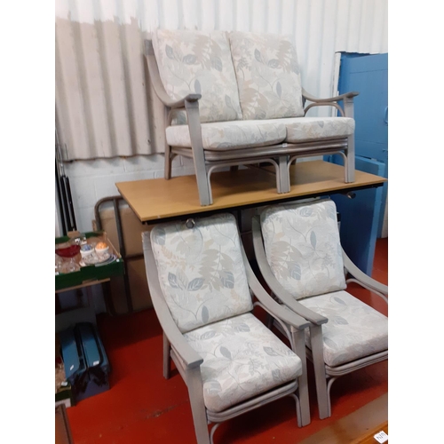 648 - Grey Wash Three Piece Cane Conservatory Suite Comprising Two Seater and Two Matching Arm Chairs.