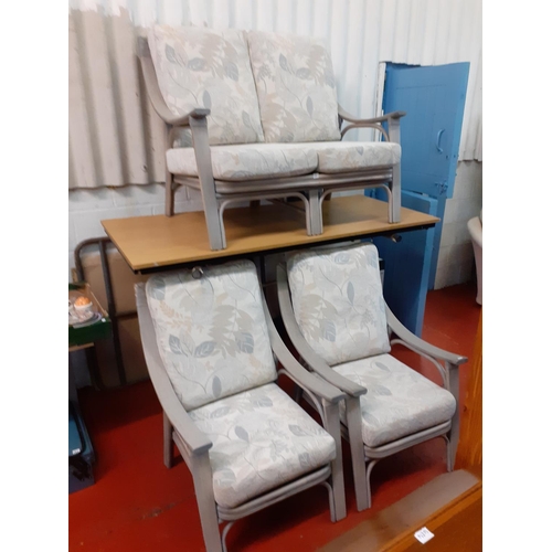 648 - Grey Wash Three Piece Cane Conservatory Suite Comprising Two Seater and Two Matching Arm Chairs.