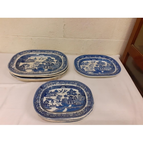 20 - Selection of Nine Willow Pattern Blue & White Meat Plates.